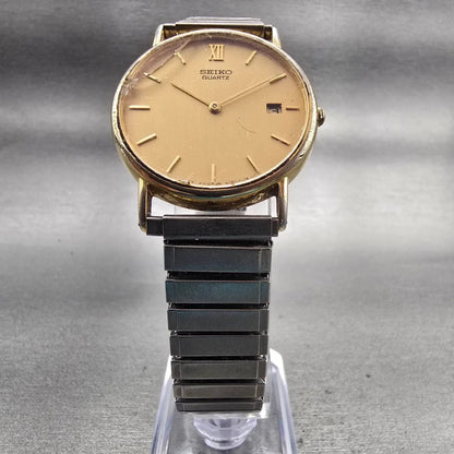 Seiko Watch Men 32mm Gold Dial Gold Tone Date Round 5Y39-7010 New Battery VTG5