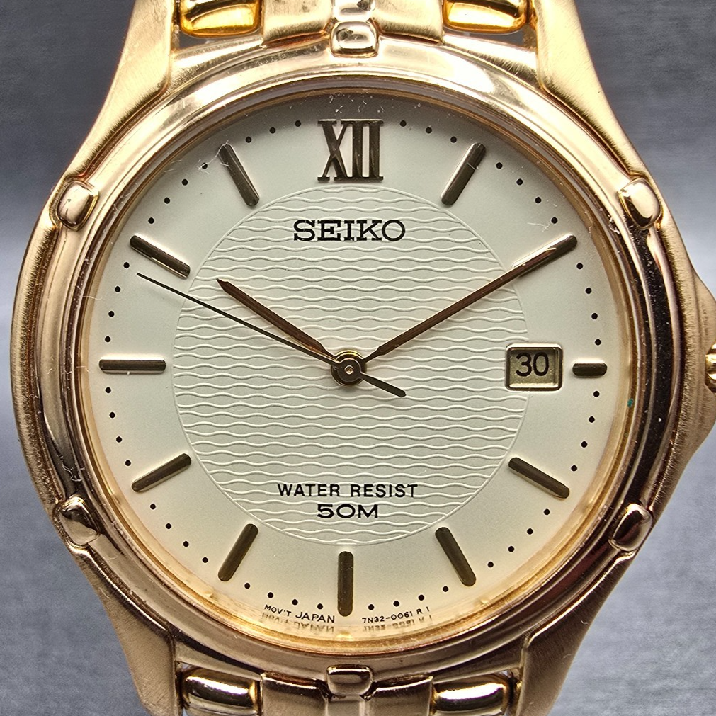 Seiko Watch Men 35mm Champagne Dial Gold Tone Date Round 7N32-0049 New Battery1