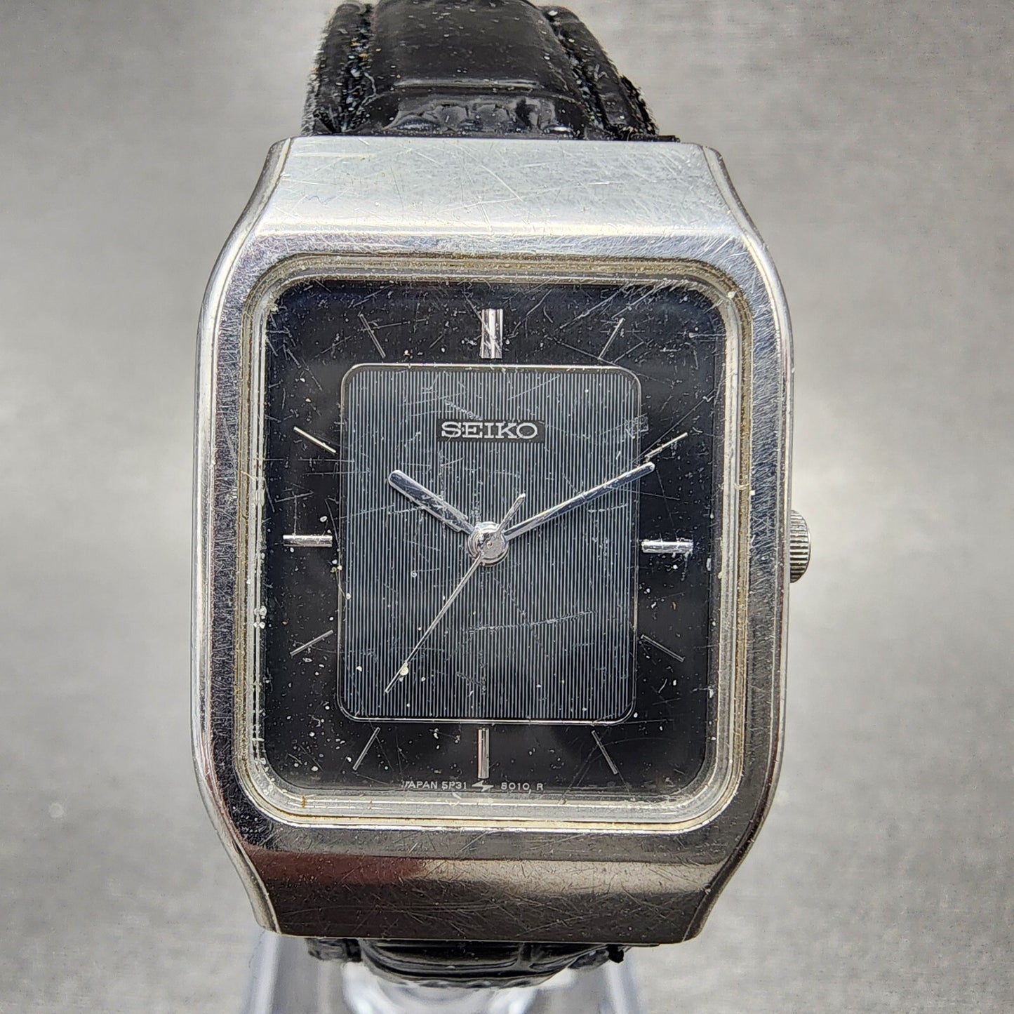 VTG Seiko Tank Watch Women 25mm Black Dial Silver Tone Rectangle 5P315020 PARTS0