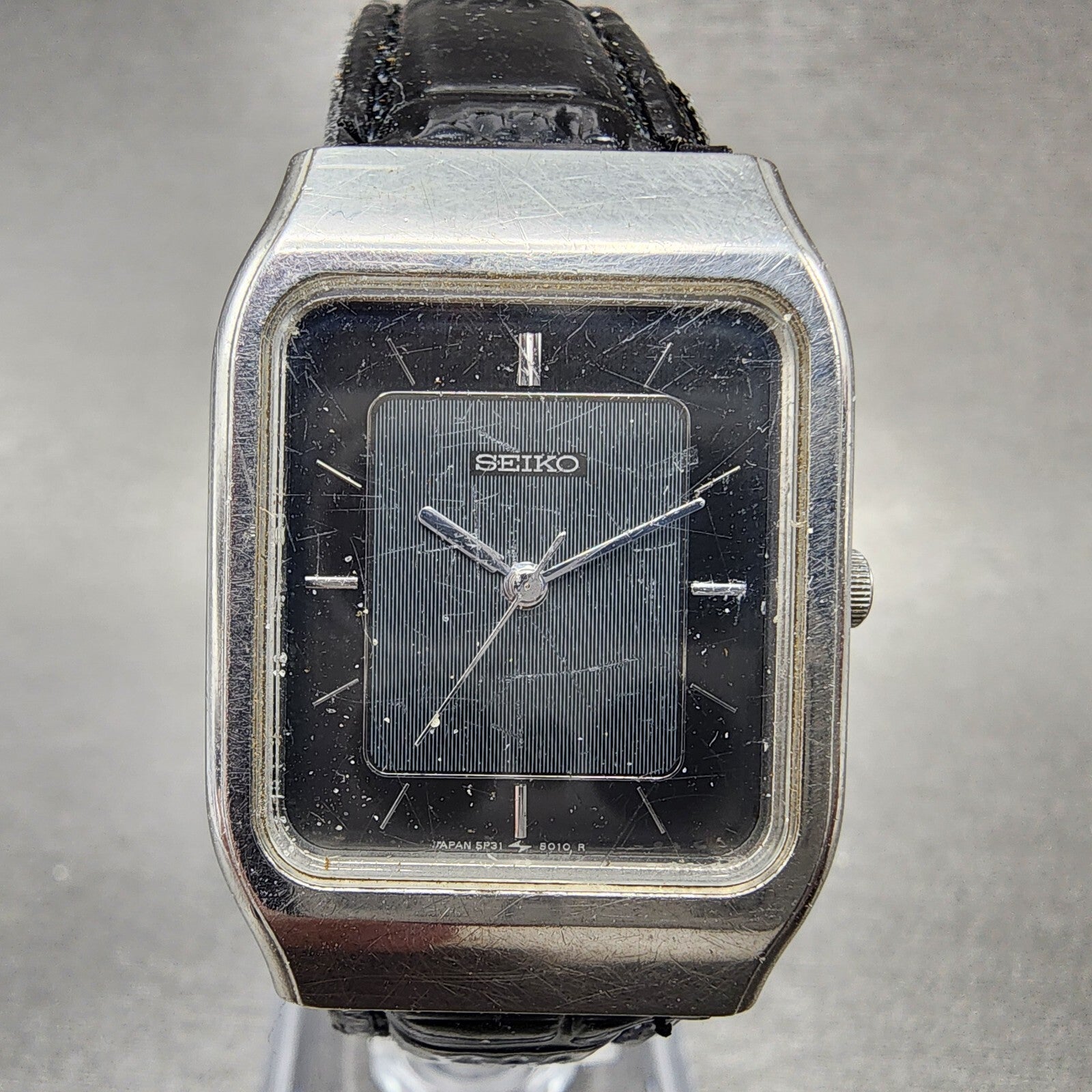 VTG Seiko Tank Watch Women 25mm Black Dial Silver Tone Rectangle 5P315020 PARTS0