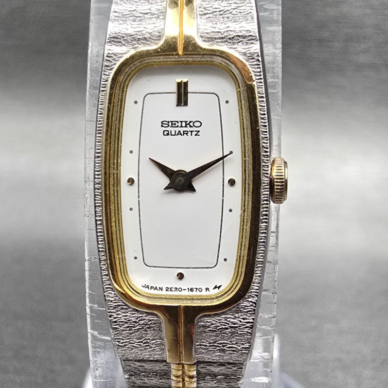 Seiko Watch Women 12mm White Dial Two Tone Rectangle 2E20-6319 New Battery Jp341