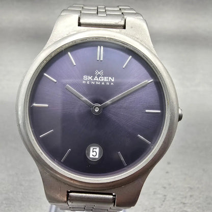 Skagen Watch Men 34mm Blue Dial Titanium Date Round 105LTXN New Battery1