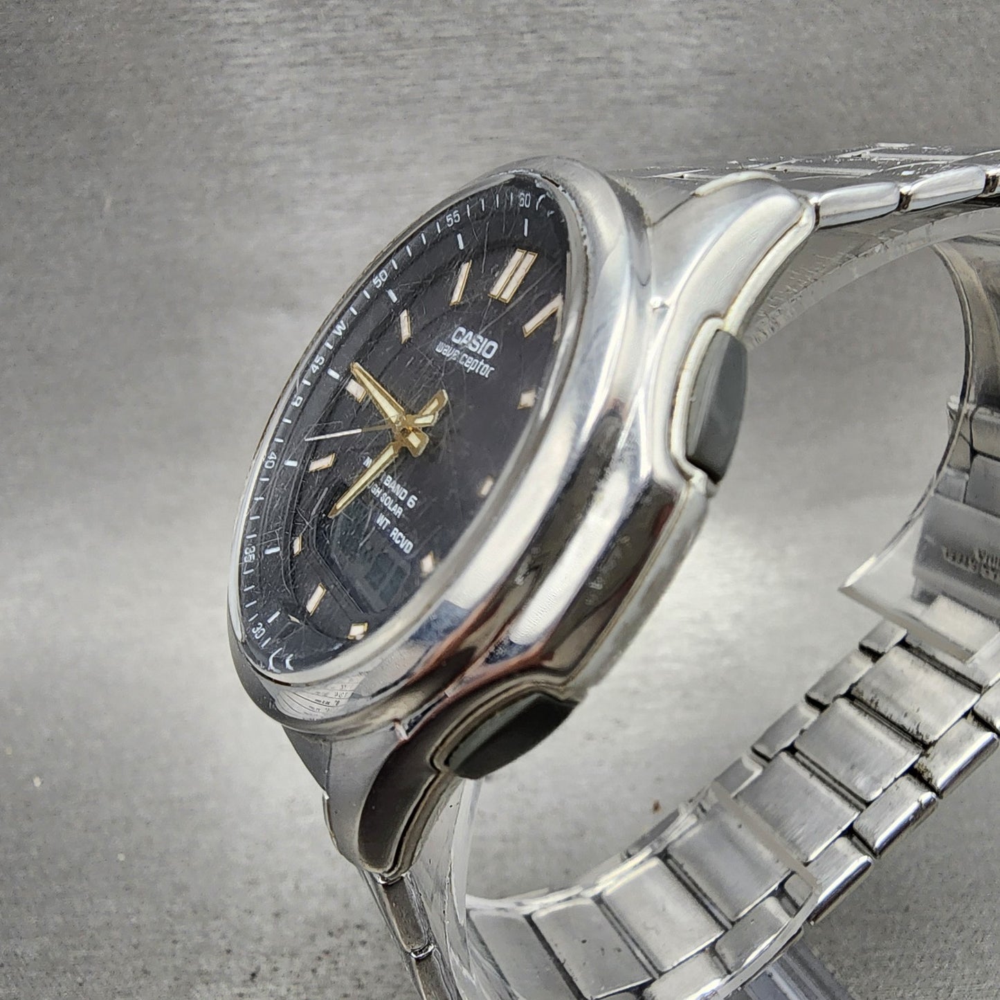 Casio Wave Ceptor Watch Men 42mm Black Dial Steel Solar Analog Digital Works NHB2