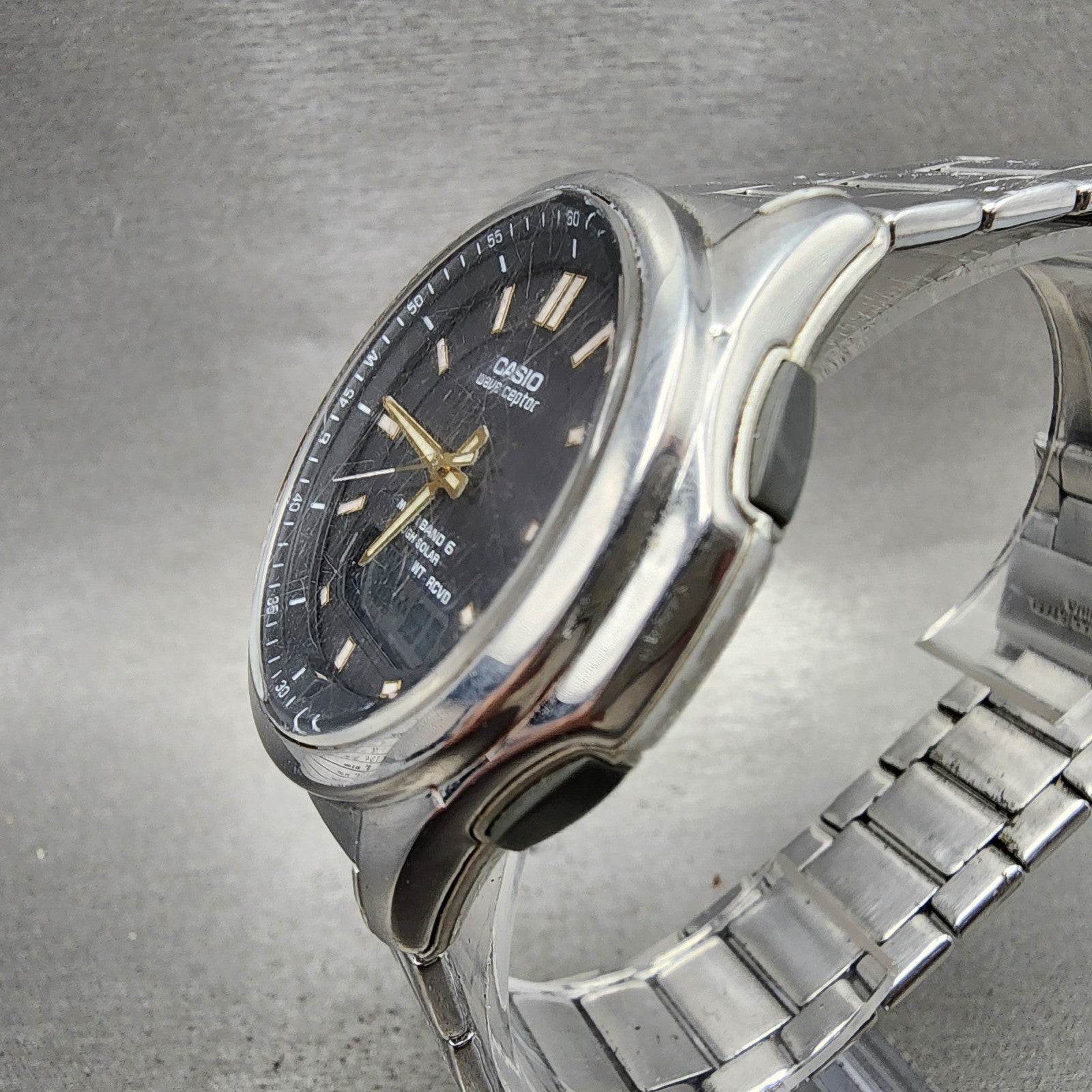 Casio Wave Ceptor Watch Men 42mm Black Dial Steel Solar Analog Digital Works NHB2