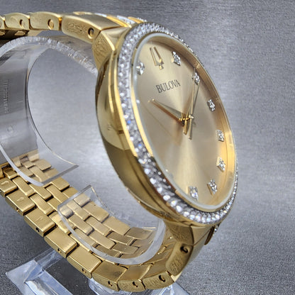 Bulova Watch Men 40mm Gold Dial Gold Tone Round Crystal Bezel 98K113 W/Necklace