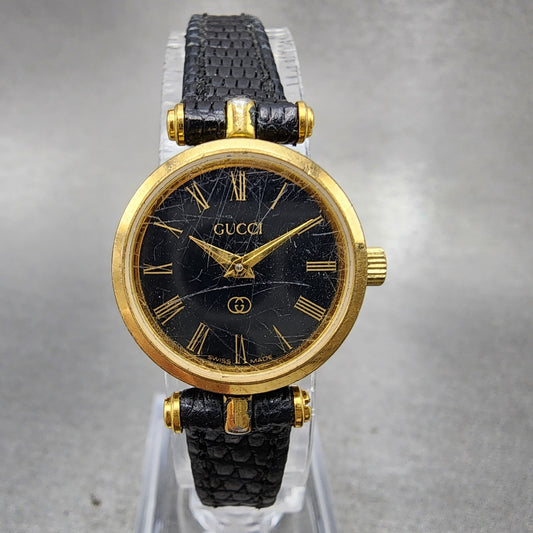 Gucci 2000L Watch Women 21mm Black Dial Gold Tone Round VTG New Battery0