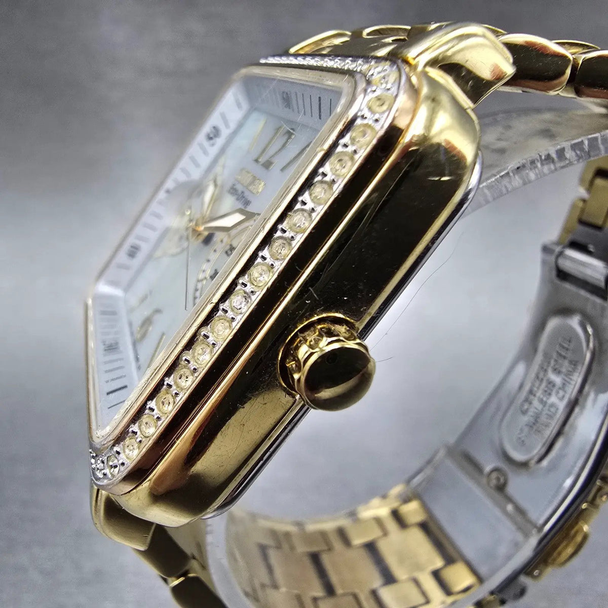 Citizen Eco-Drive Tank Watch Women 32mm MOP Dial Gold Daydate Crystal Works2