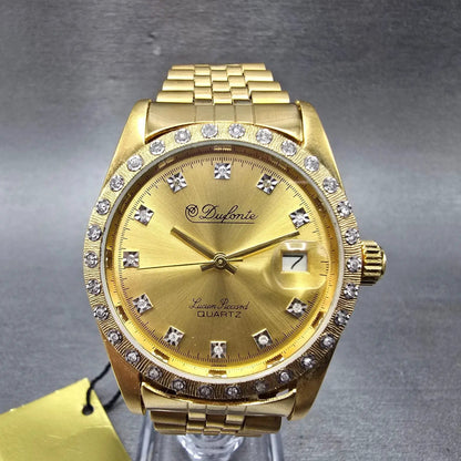 Lucien Piccard Dufonte Watch Men 36mm Gold Dial Gold Tone Date Diamond Bezel2