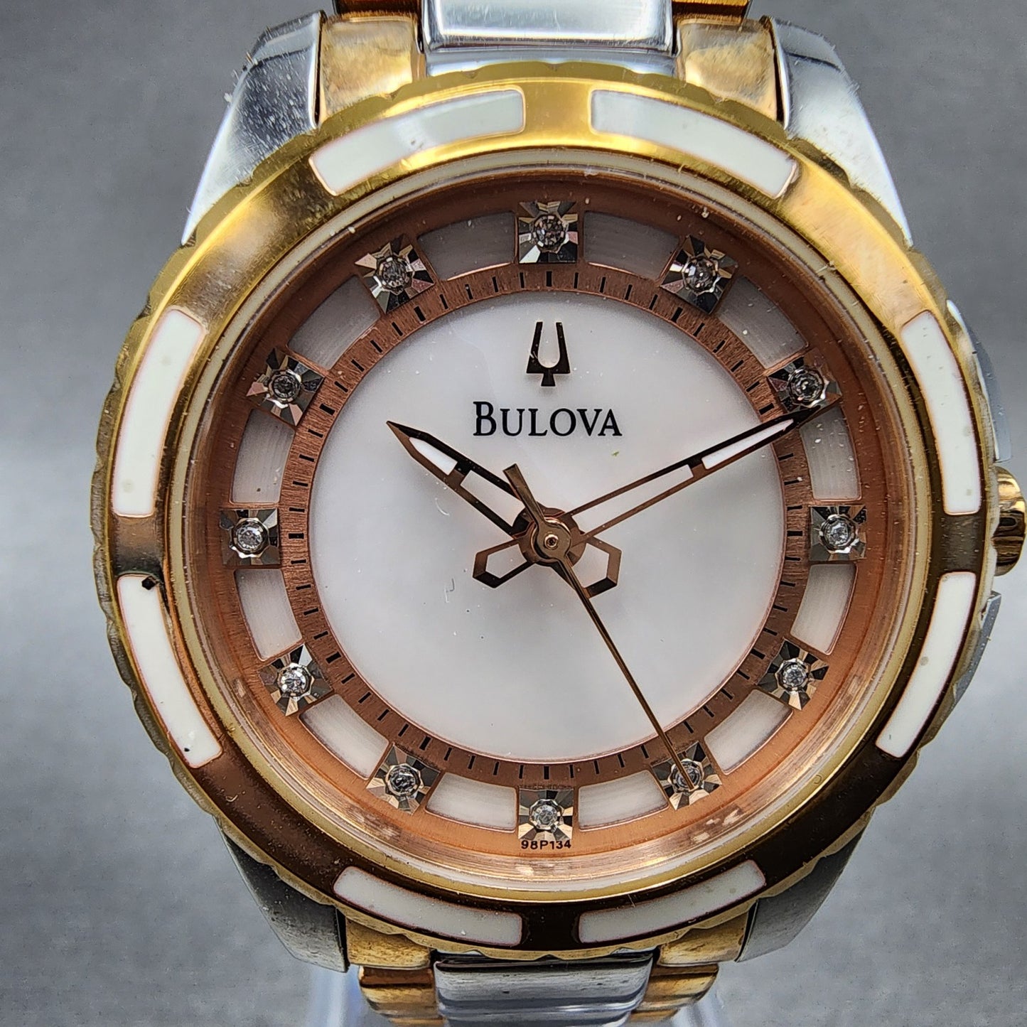 Bulova Diamond Watch Women 32mm MOP Dial Two Tone Round 98P134 New Battery1