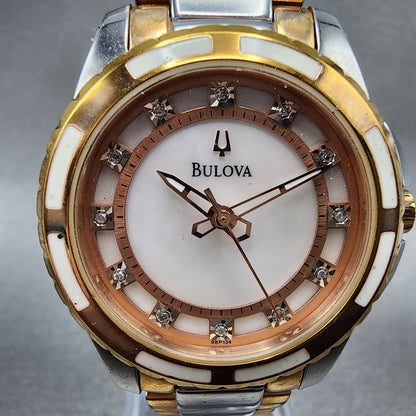 Bulova Diamond Watch Women 32mm MOP Dial Two Tone Round 98P134 New Battery1