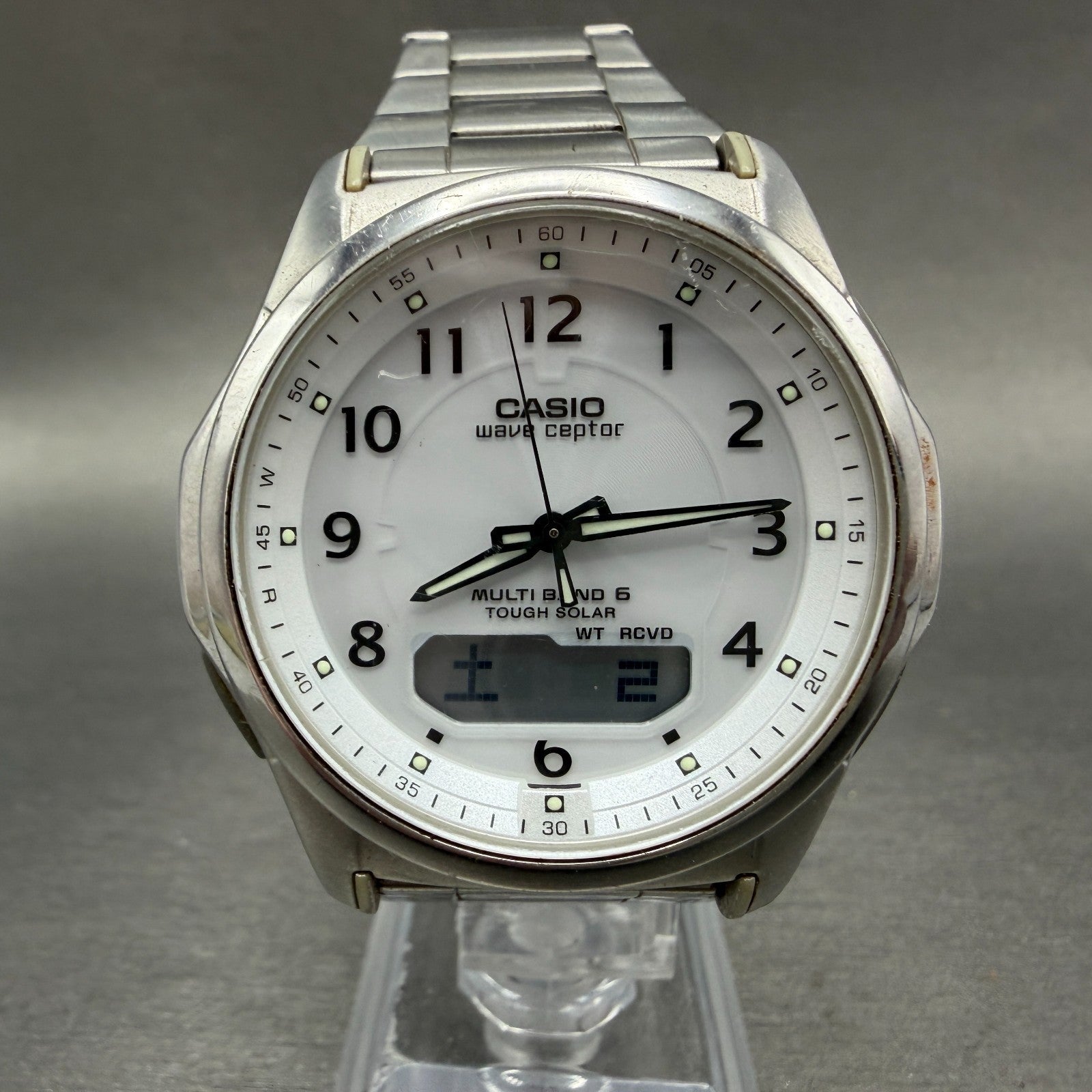 Casio Wave Ceptor Watch Men 42mm White Dial Steel Solar Analog Digital Works YUY0