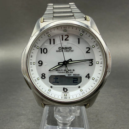 Casio Wave Ceptor Watch Men 42mm White Dial Steel Solar Analog Digital Works YUY0