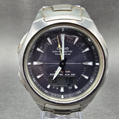 Casio Wave Ceptor Watch Men 43mm Gray Dial Silver Solar Alarm Daydate Runs JDM0