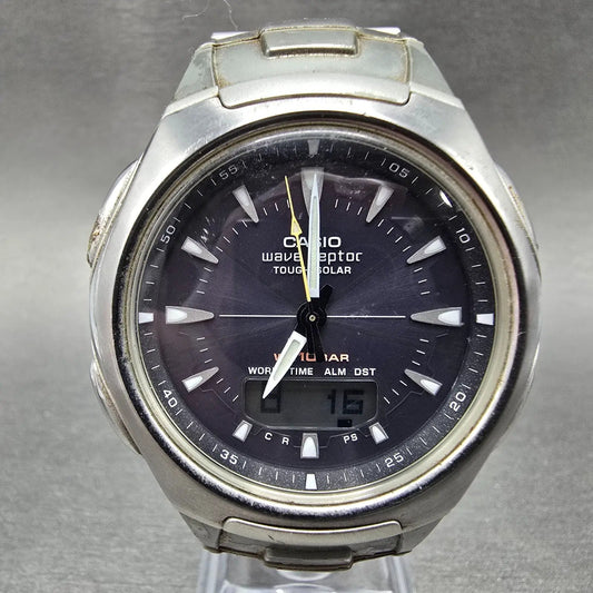 Casio Wave Ceptor Watch Men 43mm Gray Dial Silver Solar Alarm Daydate Runs JDM0