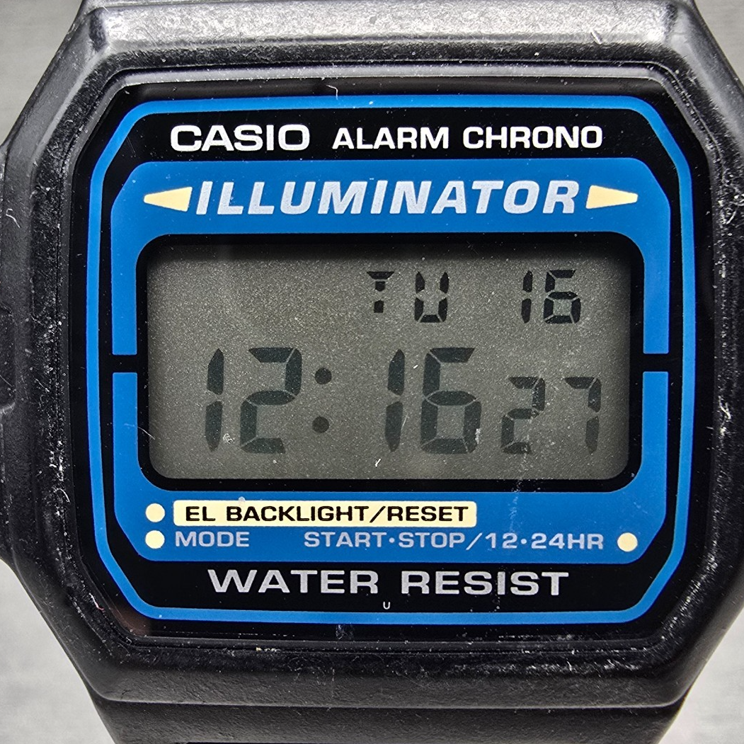 Casio Illuminator F-105 Watch Men 35mm Black Blue Chrono Alarm New Battery JP341