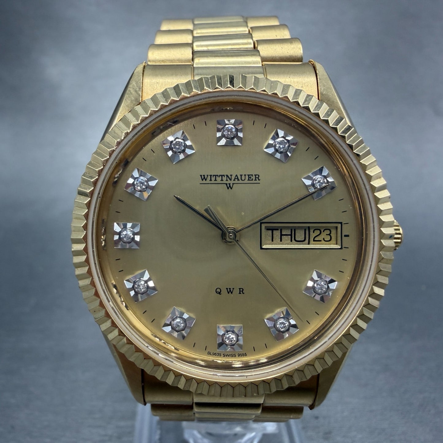 Wittnauer President Watch Men 35mm Champagne Dial Gold Tone Daydate New Battery0