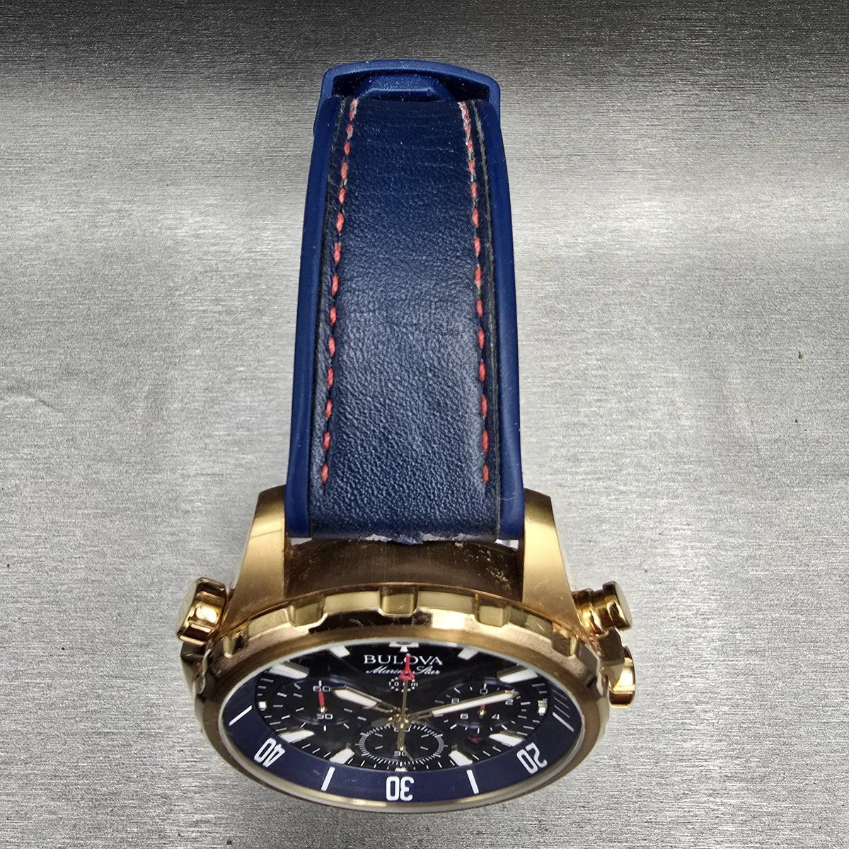 Bulova Marine Star Chronograph Watch Men 44mm Blue Dial Gold 97B168 New Battery4