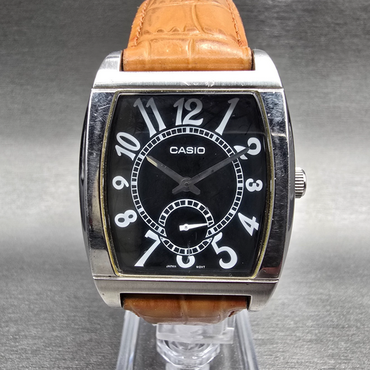 Casio Watch Men 33mm Black Dial Silver Tone Tonneau MTP-1271 New Battery0