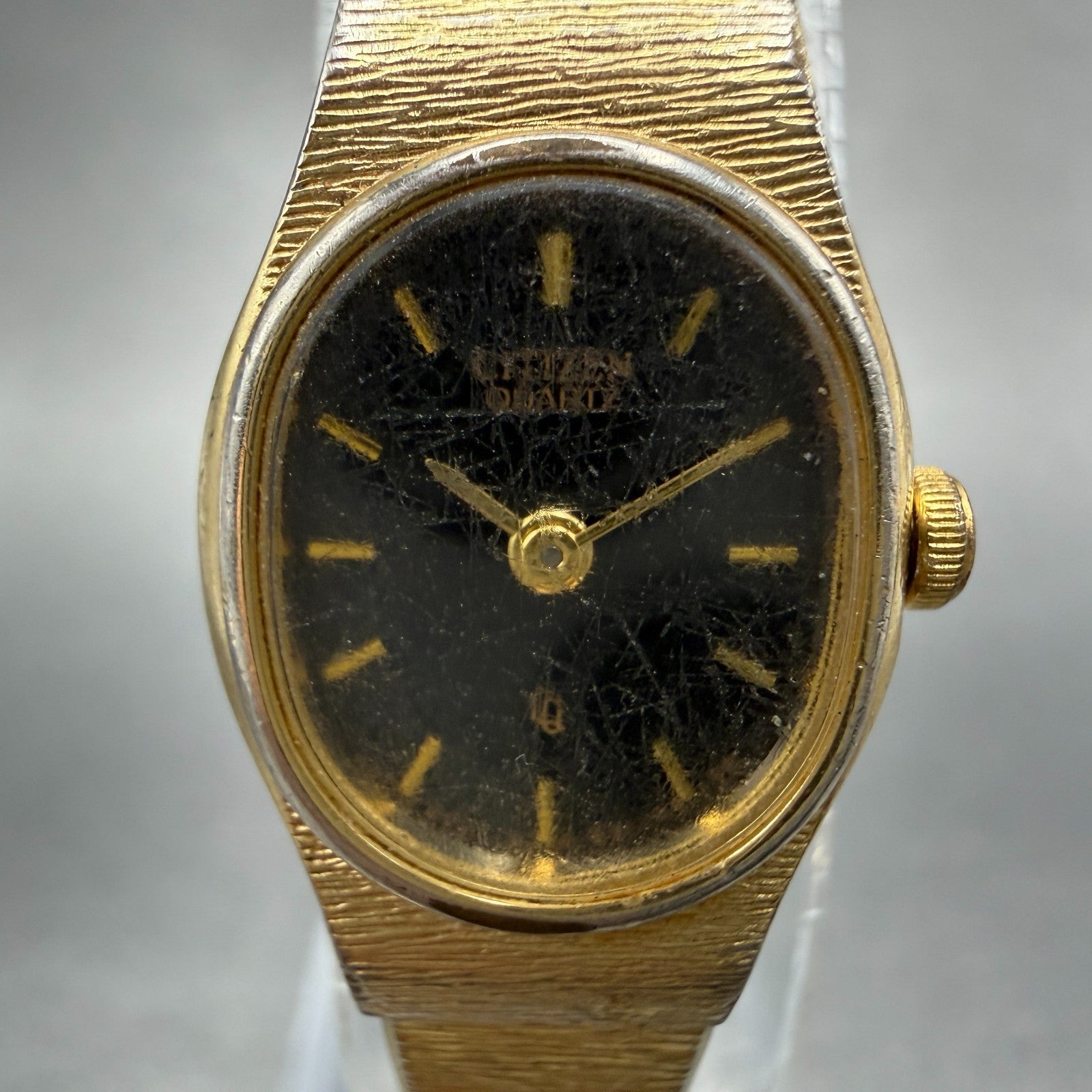 Citizen CQ Watch Women 16mm Black Dial Gold Tone Oval 3220-S16598 New Battery H71