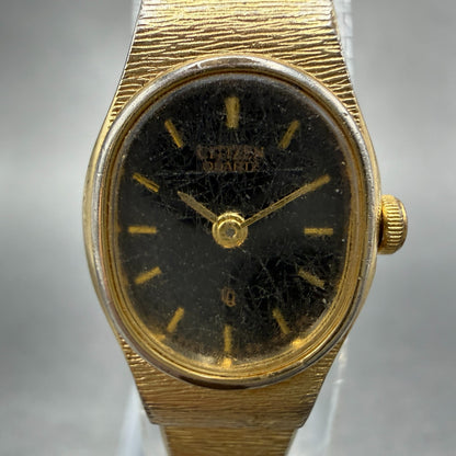 Citizen CQ Watch Women 16mm Black Dial Gold Tone Oval 3220-S16598 New Battery H71