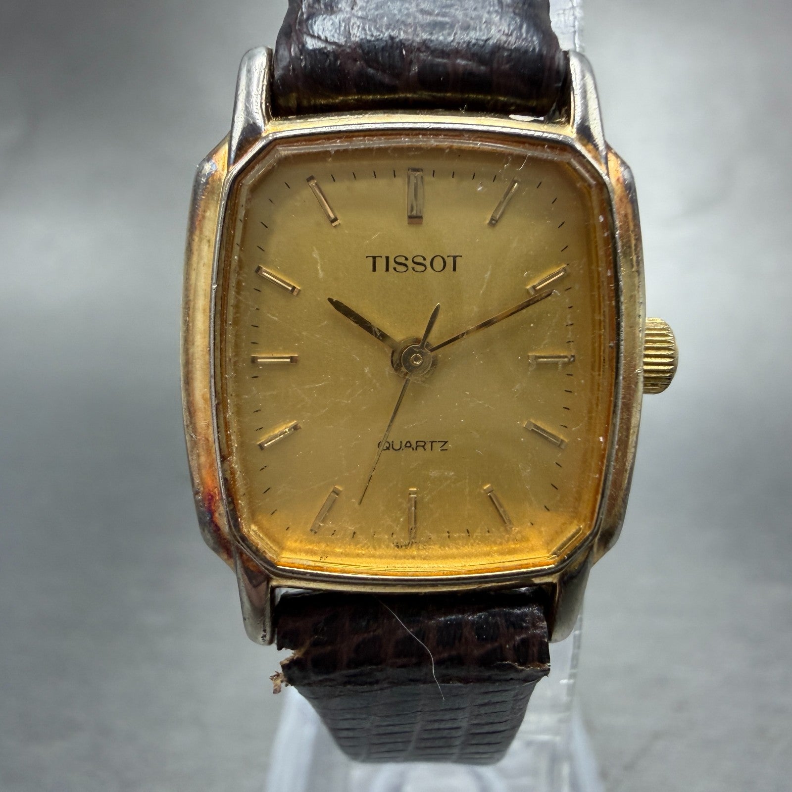 Tissot Watch Women 20mm Gold Dial Gold Tone Rectangle Leather Swiss New Battery0