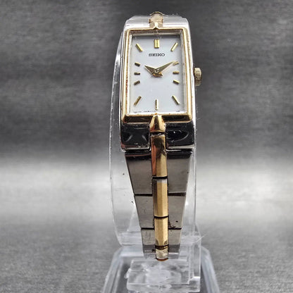 Seiko Tank Watch Women 13mm White Dial Two Tone Rectangle 2E20-0AY0 New Batt Fr5