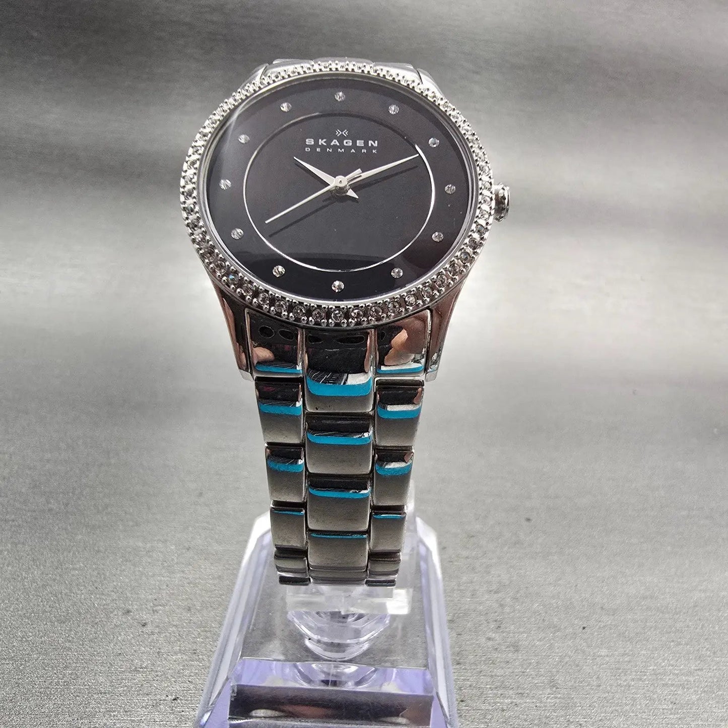 Skagen Watch Women 30mm Black Dial Silver Tone Gemmed 347SSXB New Battery5