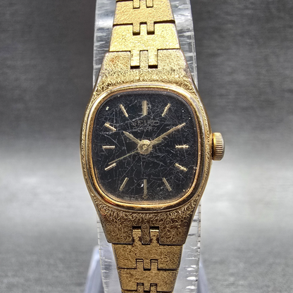 Seiko Watch Women 16mm Black Dial Gold Tone Oval 7321-5399 New Battery Vintage 50