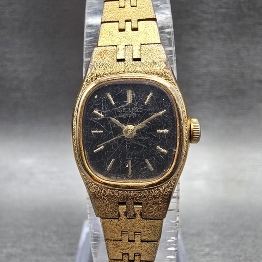 Seiko Watch Women 16mm Black Dial Gold Tone Oval 7321-5399 New Battery Vintage 50