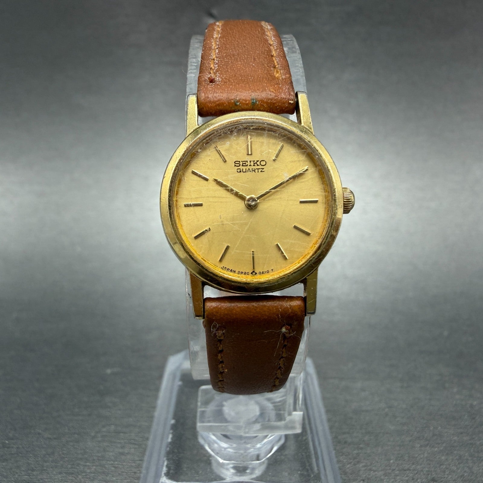 Seiko Watch Women 20mm Champagne Dial Gold Tone Round 2P20-0A10 New Battery VTG0