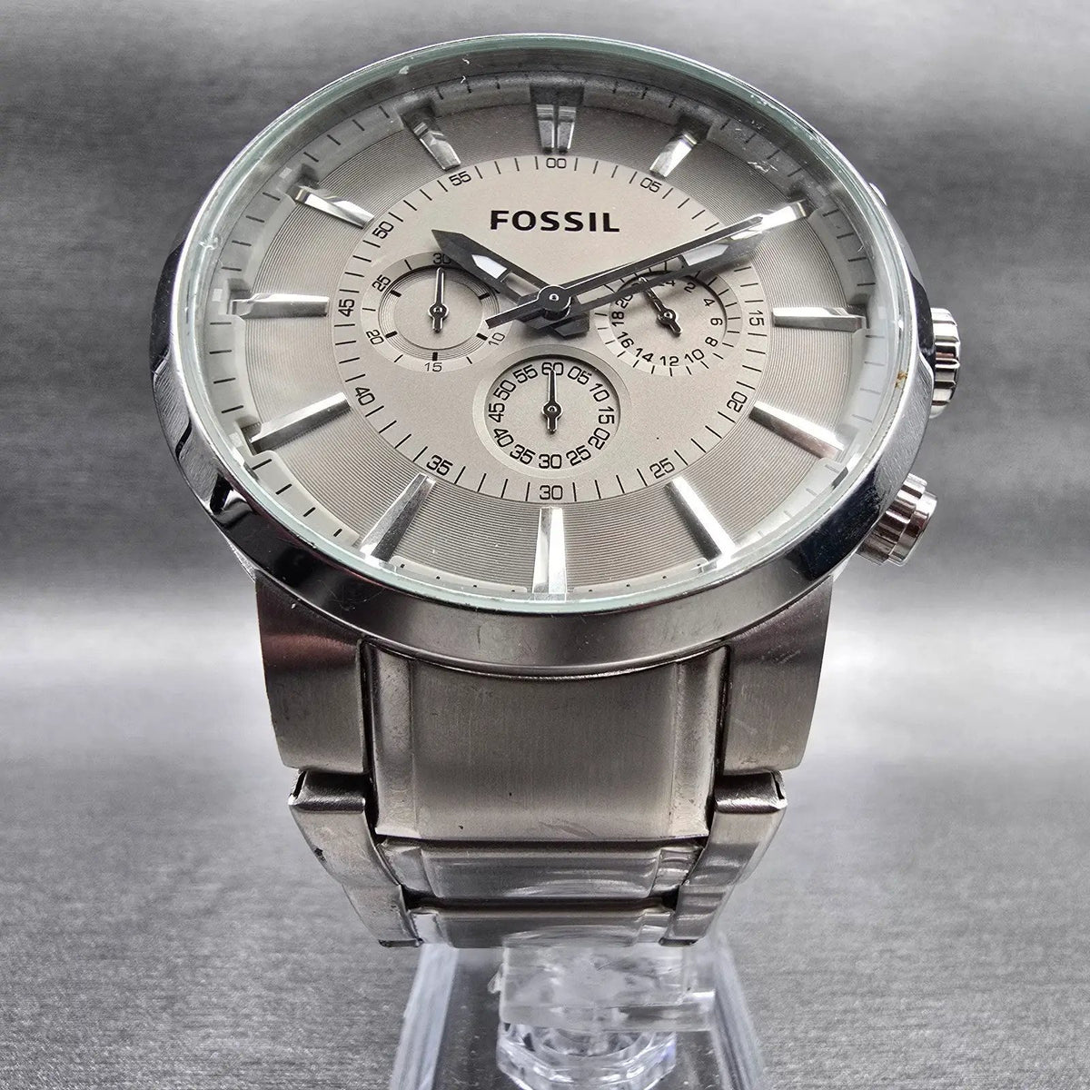 Fossil Chronograph Watch Men 48mm Silver Dial Silver Tone Round FS4359 New Batt5
