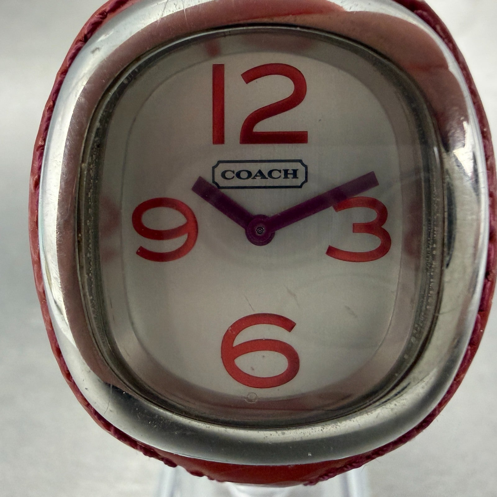 Coach Watch Women 32mm Silver Dial Silver Tone Oval Red Leather Band New Battery1