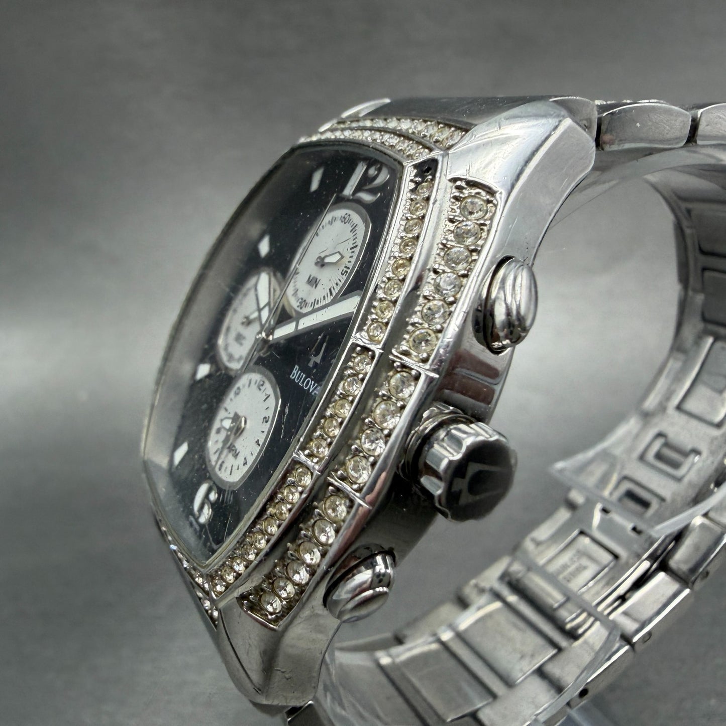 Bulova Chronograph Watch Men 39mm Black Dial Silver Tone Date 96B000 PARTS3