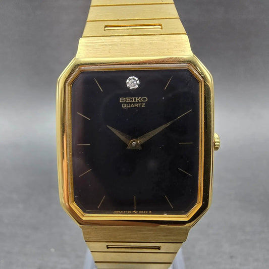 Seiko Tank Watch Men 27mm Balck Dial Gold Tone Rectangle 5Y30 PARTS NO CASE BACK0