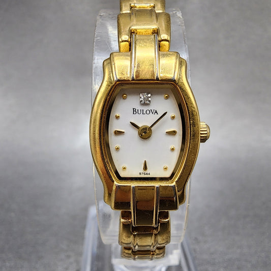 Bulova Watch Women 15mm White Dial Gold Tone Rectangle 97S44 New Battery0