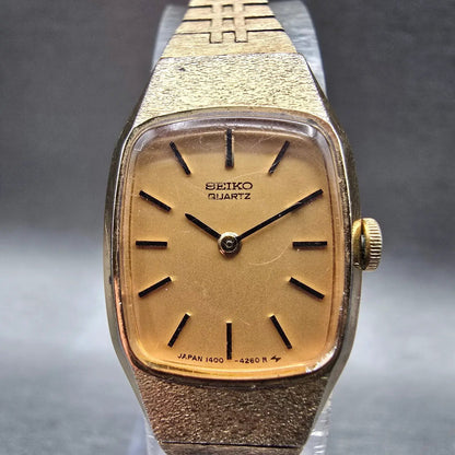 Seiko Watch Women 17mm Gold Dial Gold Tone Rectangle 1400-7399 New Battery VTG1