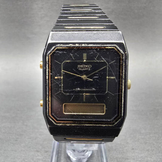 Seiko Analog Digital Watch Men 29mm Black Gold Alarm Chronograph H601-5179 PARTS0