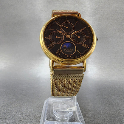 Pulsar Sun Moon Watch Men 32mm Black Dial Gold Tone Daydate Month New Battery5