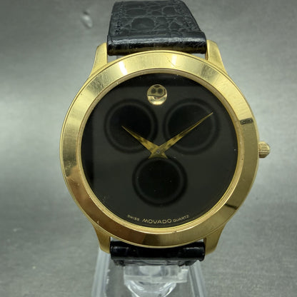 Movado Museum Watch Men 34mm Black Dial Gold Tone Round 87-D1-844 New Battery1