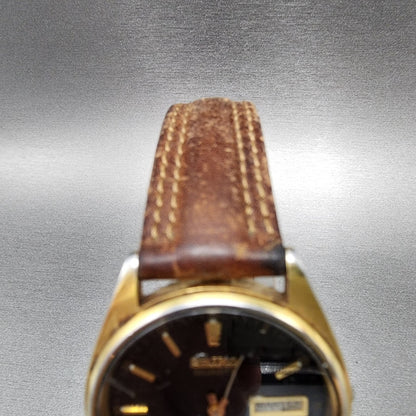 Seiko SQ Watch Men 35mm Black Dial Gold Tone Daydate Round 5Y238A19 PARTS5