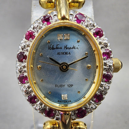 Valentino Moradei Aurora Watch Women 20mm Silver Dial Gold Tone Ruby Bezel Runs1
