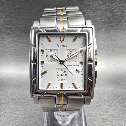 Bulova Chronograph Watch Men 32mm White Dial Two Tone Date 98H28 New Battery0