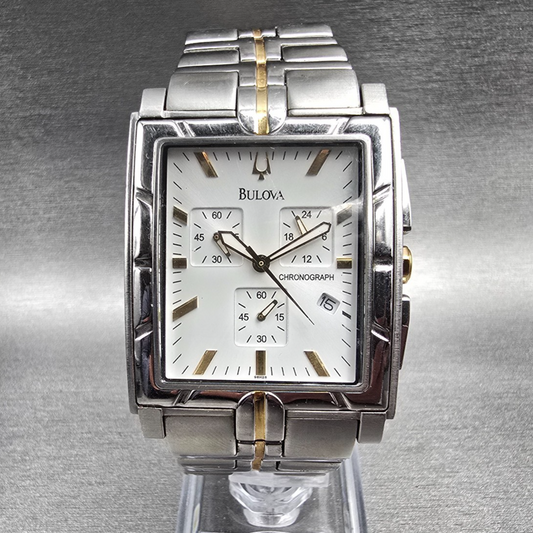 Bulova Chronograph Watch Men 32mm White Dial Two Tone Date 98H28 New Battery0
