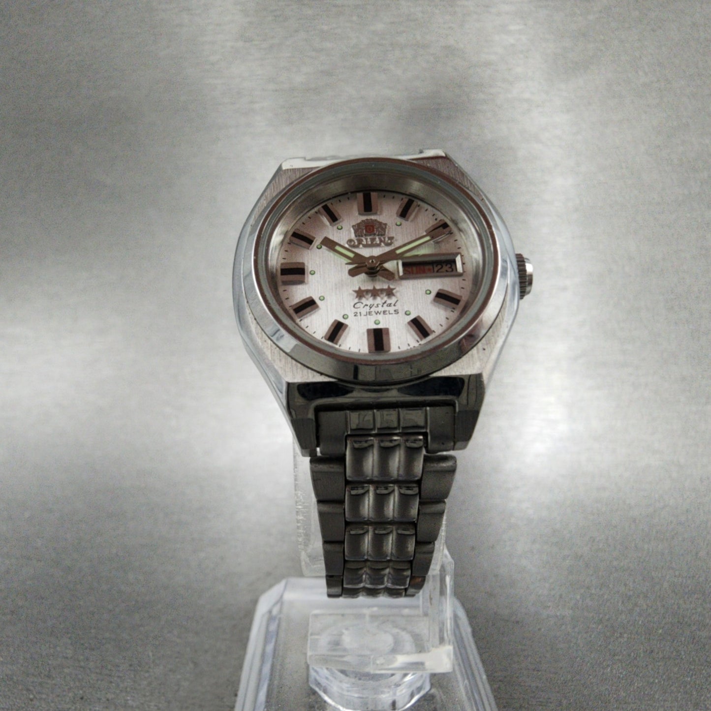 Orient Tristar Automatic Watch Women 27mm Silver Dial Steel Daydate Round Runs5