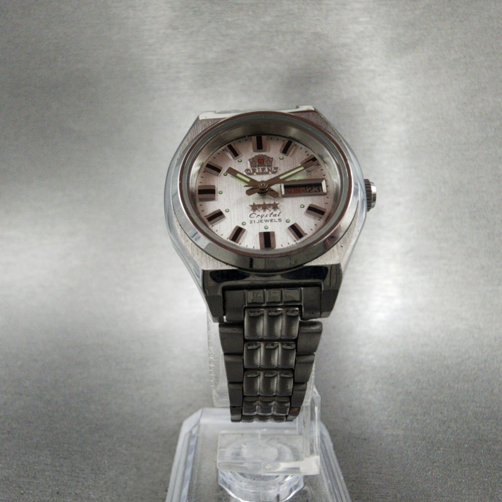 Orient Tristar Automatic Watch Women 27mm Silver Dial Steel Daydate Round Runs5