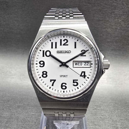 Seiko Spirit Watch Men 34mm White Dial Silver Daydate 7N43-7B70 New Battery JDM0
