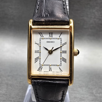 Seiko Tank Watch Women 18mm White Dial Gold Rectangle 1N01-5G40 New Battery0