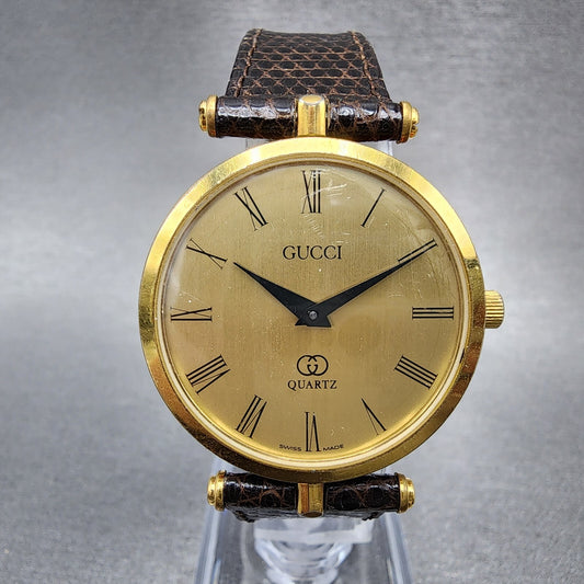 Gucci 2000M Watch Men 30mm Champagne Dial Gold Plated Round Leather Band NewBa110