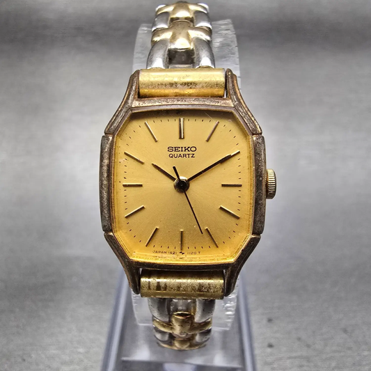 Seiko Watch Women 19mm Gold Dial Gold Tone Rectangle 1421-5660 New Battery VTG0