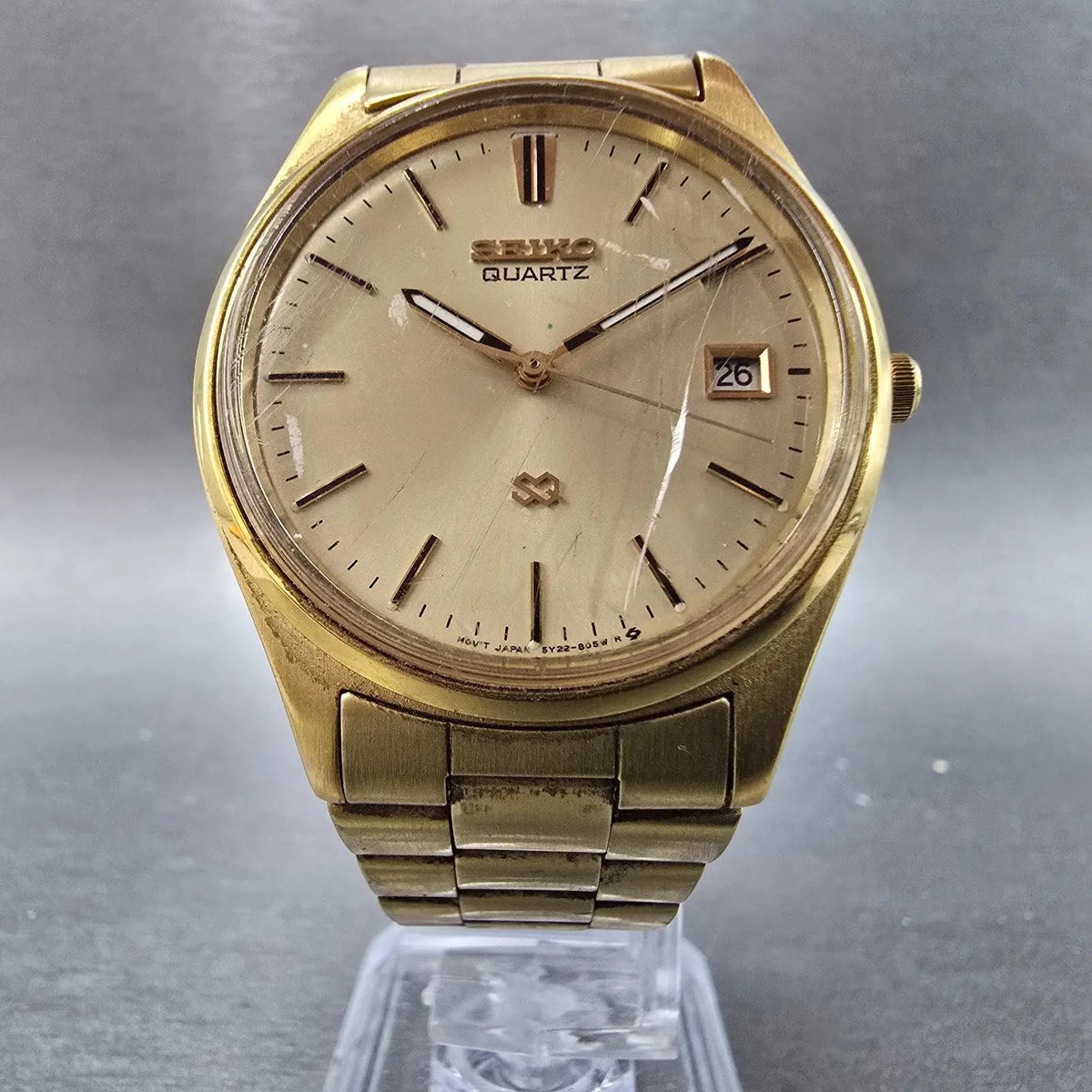 Seiko SQ Watch Men 35mm Champagne Dial Gold Tone Date 5Y22-8020 Round PARTS6
